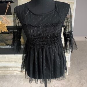 Women’s Unique Black Soft Tull over Stretch Cotton‎ Blouse Size XS (197)